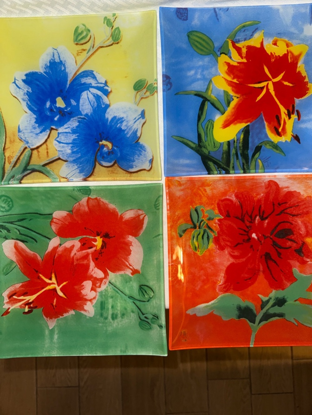 Vintage Infused Glass Floral Plate Set of 4 Decor Trinket Dishes Serveware
